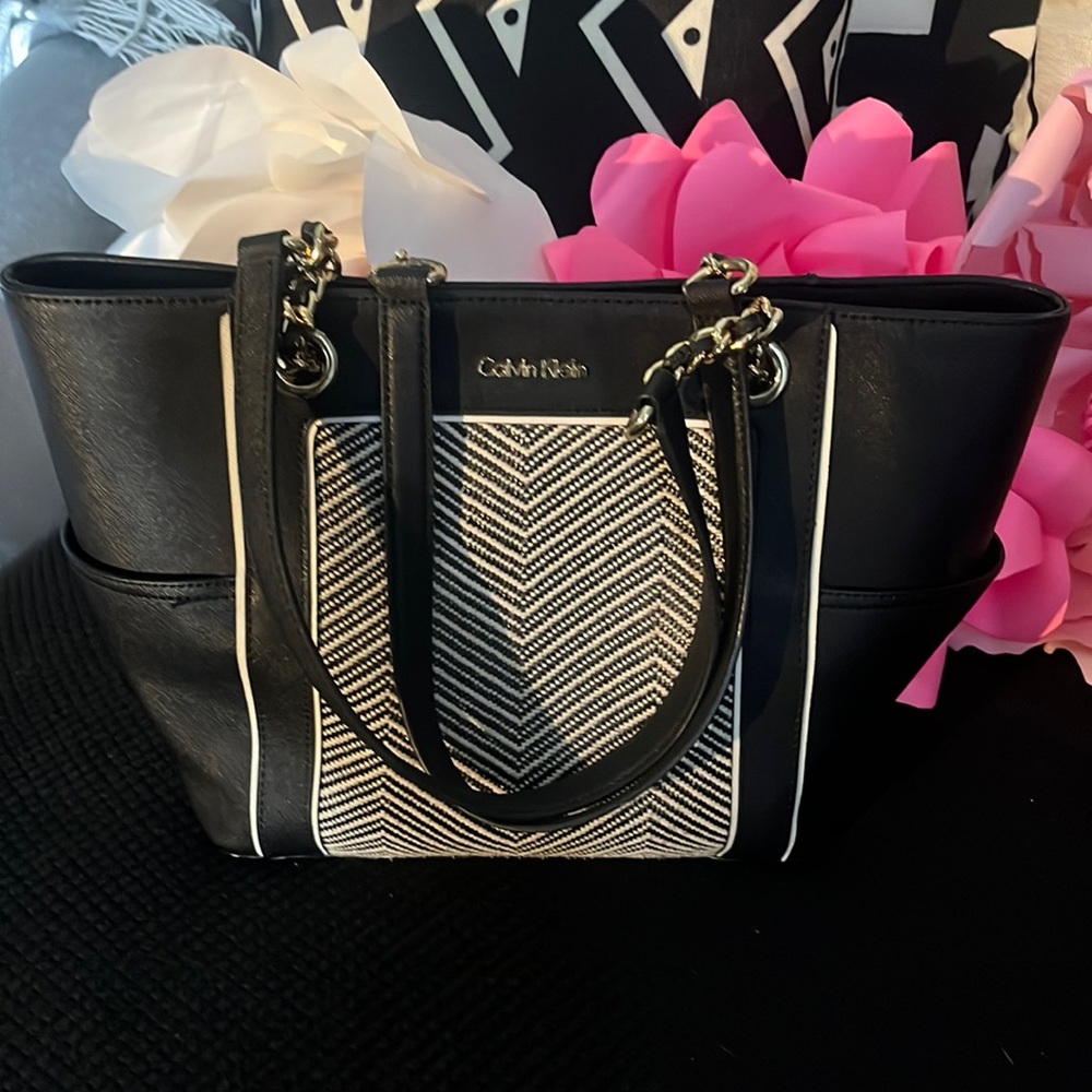 Calvin Klein Leather Medium Sachel in Black and White with Gold Hardware.